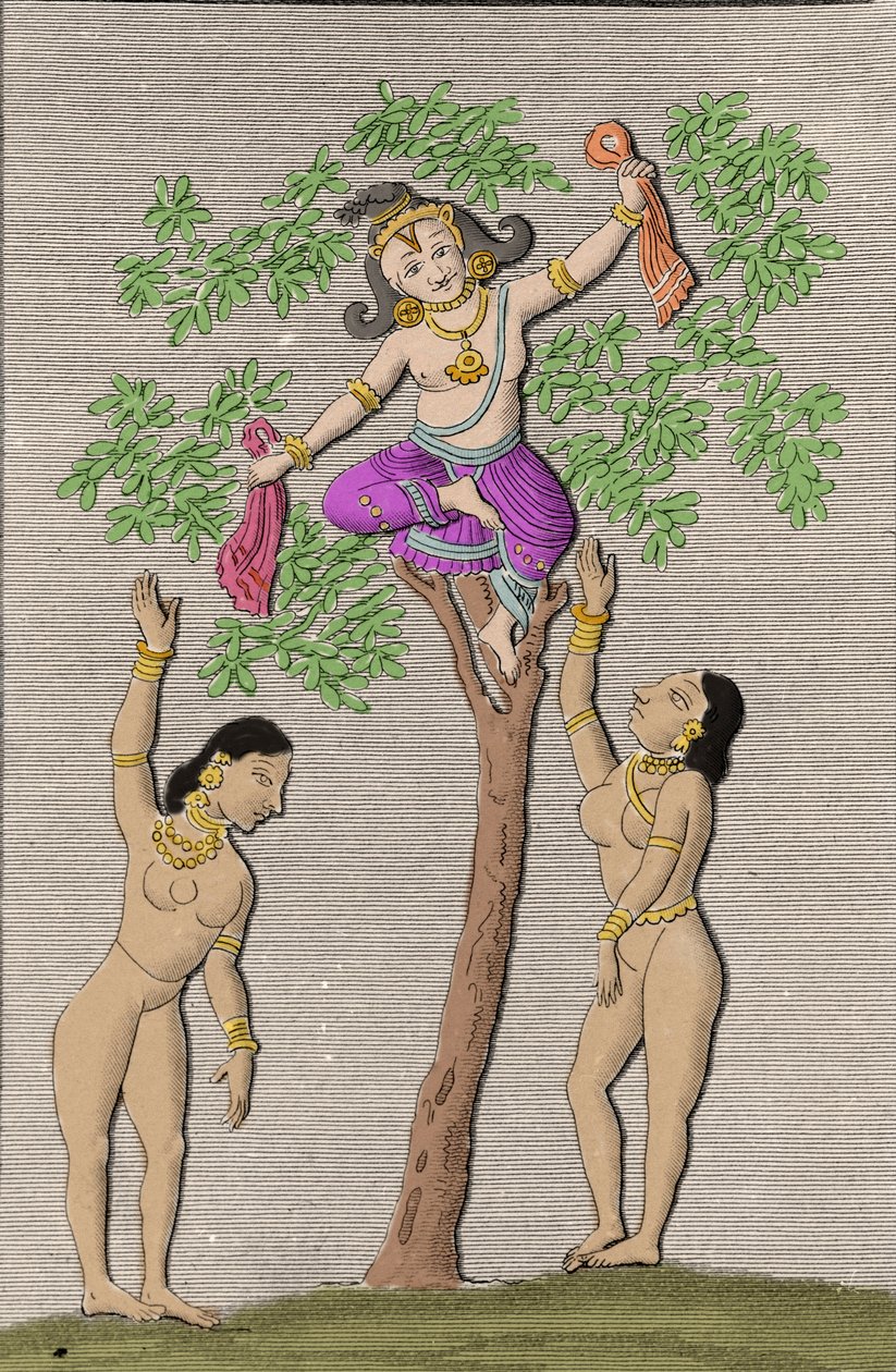 Krisna repül két gopival. metszet a „Hindusztán ókori és modern műemlékei” című könyvébe, L. M. Langles, Párizs 1821. alkotó: Unknown artist