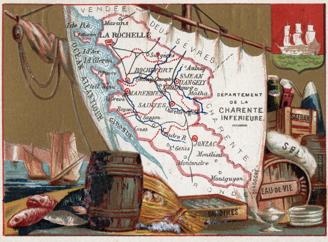 La Charente Inferieure, Poitou Charentes, Franciaország. Bor, pálinka, szardínia, só, sáfrány, száraz hal, 1920 körül. alkotó: Unknown Artist