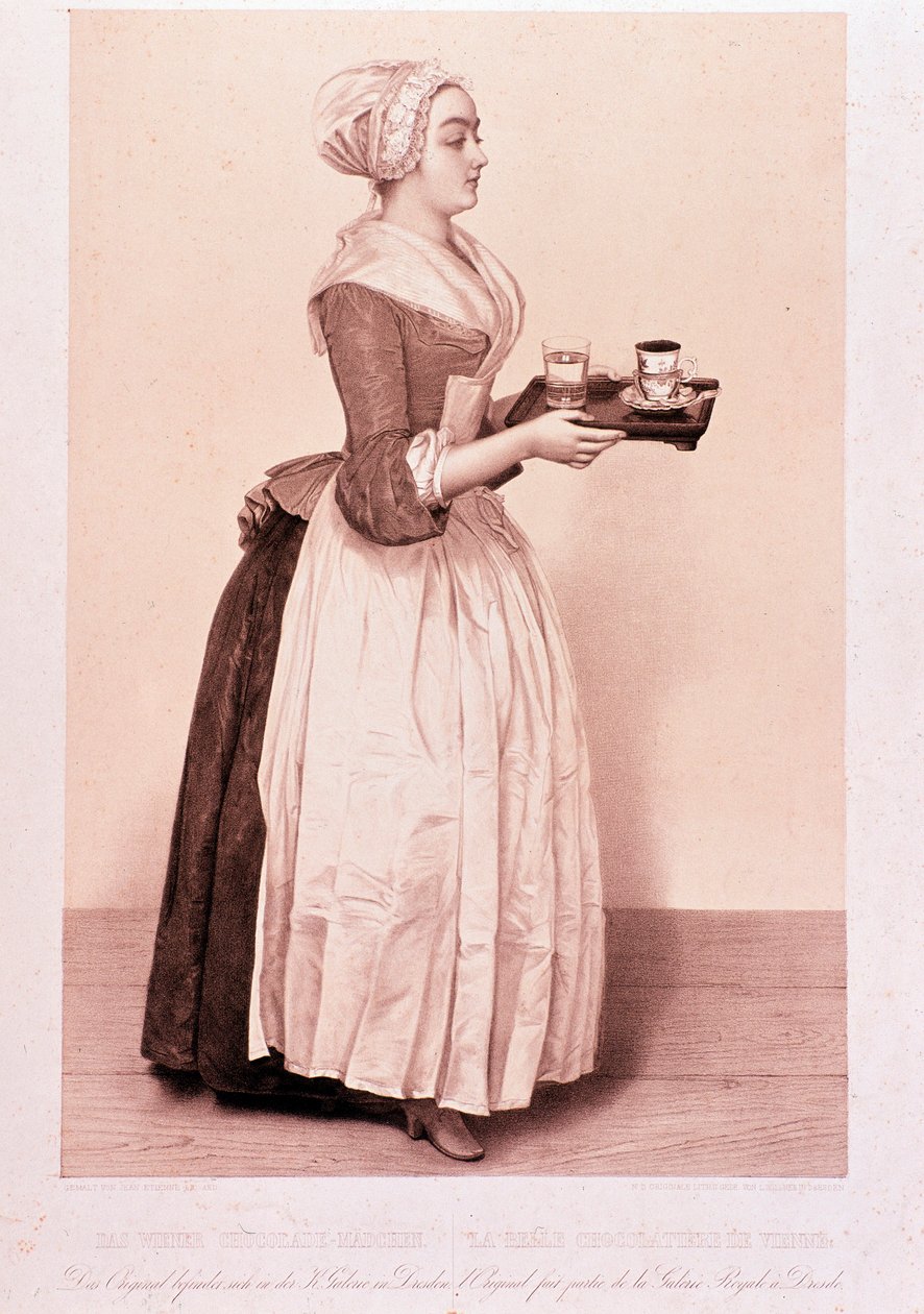 La Chocolatiere de Vienne: fiatal szobalány, aki egy tálcát tart egy csésze forró csokoládéval. századi magángyűjtemény litográfiája alkotó: Unknown artist