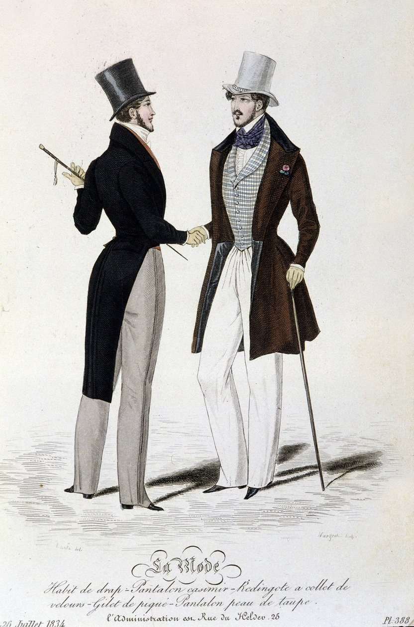 La Mode du 26 juillet 1834: (férfias divat) lepedő öltöny - casimir nadrág - Redingote bársony gallérral - piké mellény - szürkés színű nadrág és cilinder. alkotó: Unknown artist