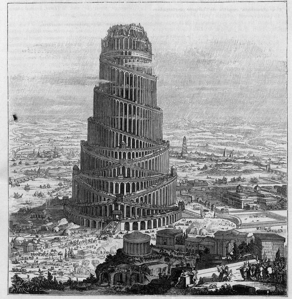 Bábel tornya, Pere Kircher nyomán – ("Turris Babel" kicsinyített metszete alkotó: Unknown artist