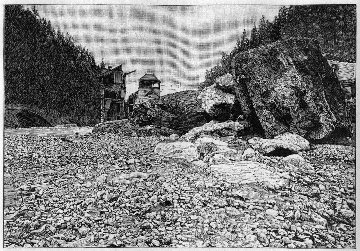 La Catastrophe de Saint-Gervais (Saint Gervais) vagy Katasztrófa a gleccser de la Tete Rousse (Haute-Savoie megye) (1892. július 12-13.) – Bains de Saint-Gervais a katasztrófa után, az áradat által szállított hatalmas blokkokkal, Metszet a „” La Natur-ba alkotó: Unknown artist