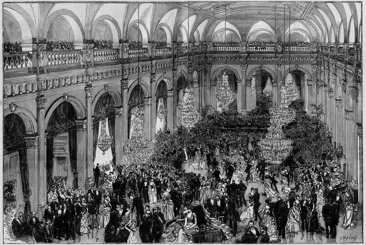 A párizsi Hôtel de Ville nagyterme az önkormányzat éves ünnepségén. metszet a „The Illustrated World”-ben, 1885 alkotó: Unknown artist