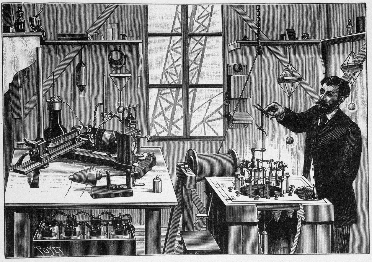 Gustave Eiffel laboratóriuma a torony második platformján - gravírozás alkotó: Unknown artist