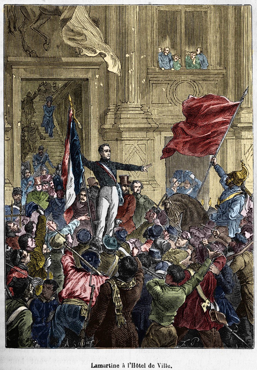 Lamartine (1790 - 1869), aki megtagadta a vörös zászlót a háromszínű zászló helyett, a Városházán. Párizs, 1848. február 26. Bianchetti-gyűjtemény. alkotó: Unknown artist