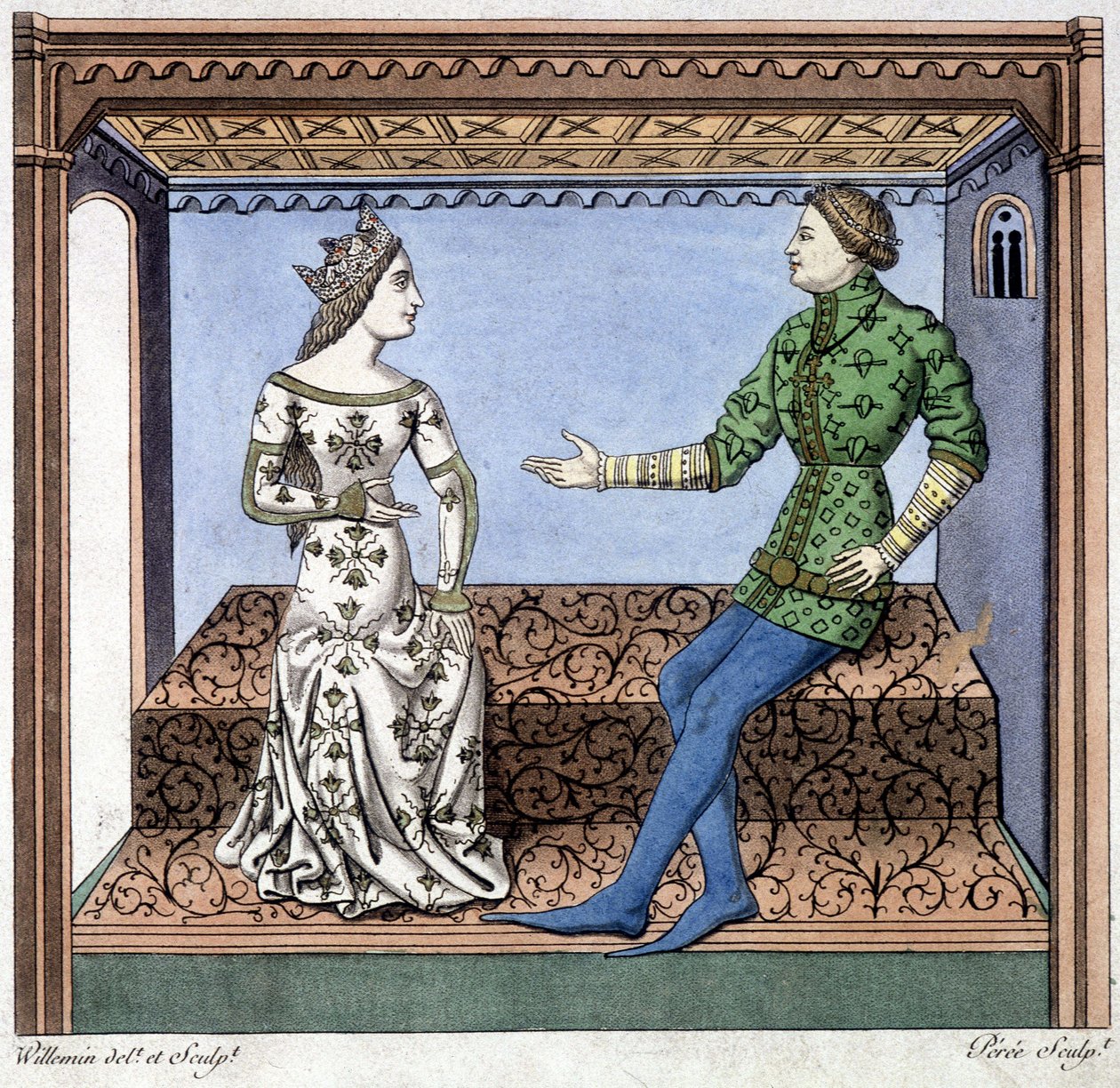Lancelot és Guineèvre beszélgetésben – kivonat a Lancelot du lacból, 1370-ből származó dokumentum alapján. alkotó: Unknown artist