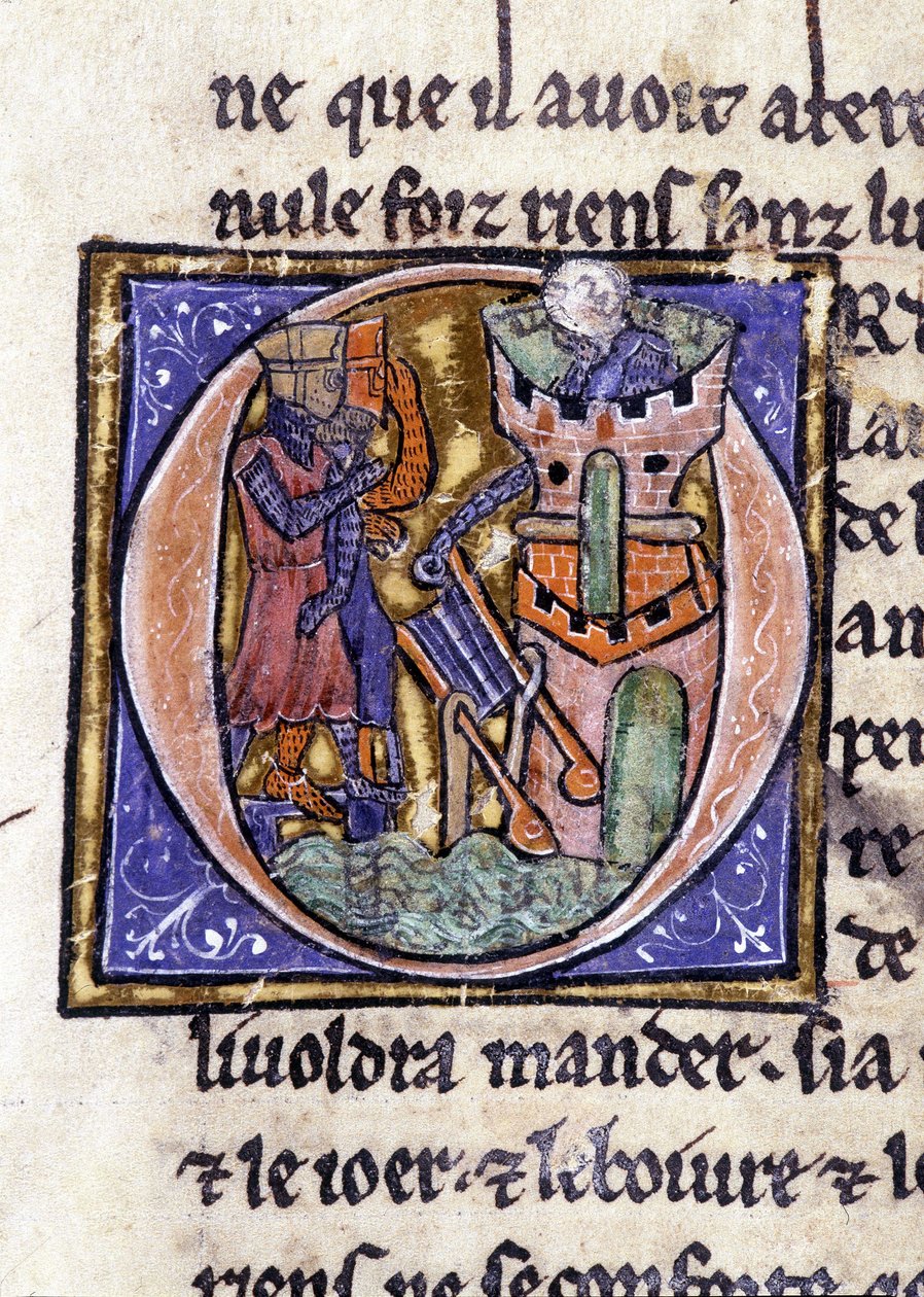 Lancelot egy torony tetején. Kézirat: Szent Gréal meghódítása, 717 évvel urunk szenvedélye után. Bibliotheque Municipale de Rennes, ms. 255 (A Kerekasztal regénygyűjteménye); Párizs alkotó: Unknown artist