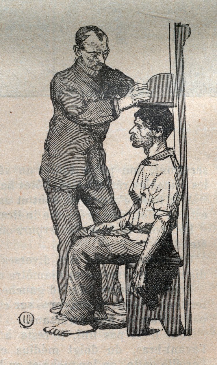 Bírói antropometria vagy bertillonnage, Alphonse Bertillon (1853-1914) módszere: a mellszobor mérése – Metszet In „La Science francaise” alkotó: Unknown artist