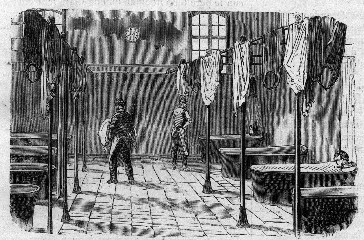 A Sainte Anne (Sainte-Anne) menedékház Párizsban: a fürdőszoba - Metszet a „Le Journal Illustrée”-ben alkotó: Unknown artist