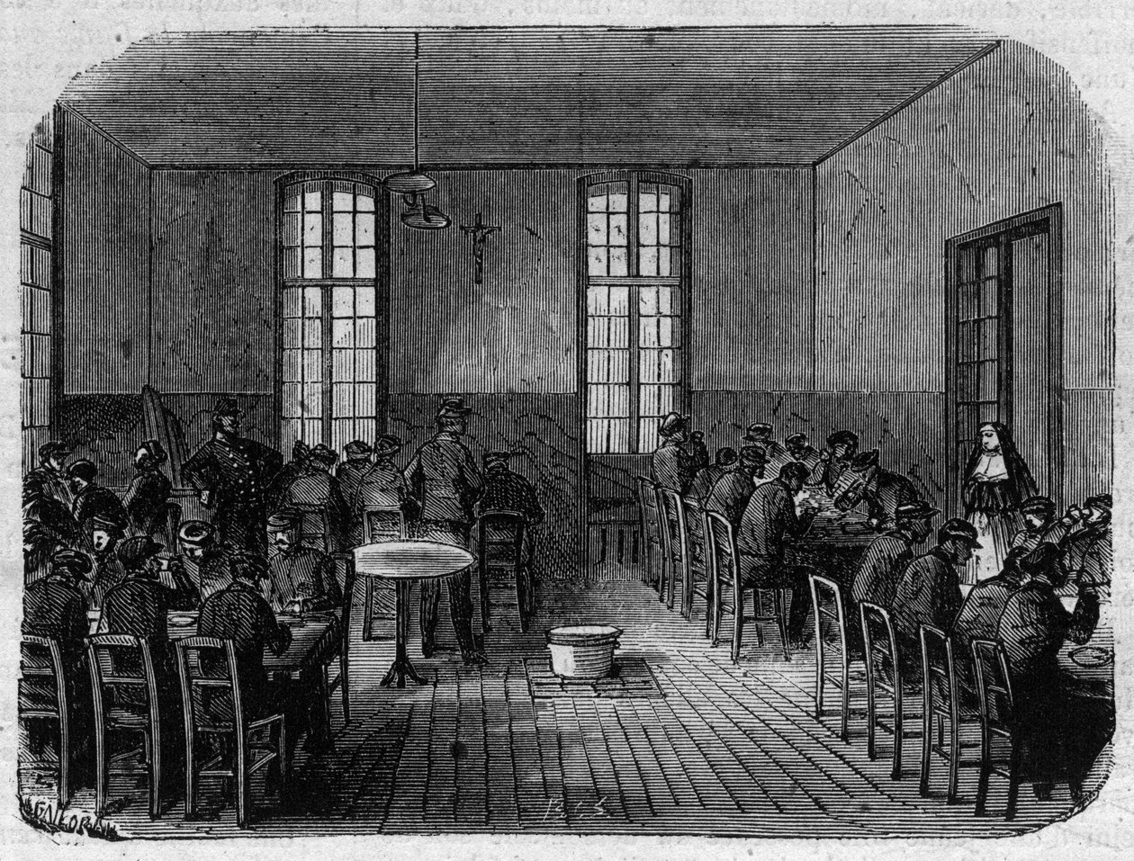 A Sainte Anne (Sainte-Anne) menedékház Párizsban: a refektórium - Metszet a „Le Journal Illustrée”-ben alkotó: Unknown artist