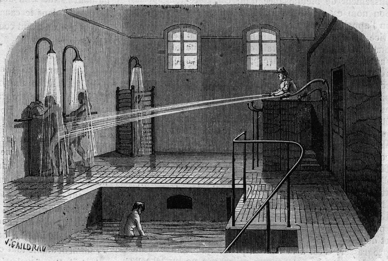 A Sainte Anne (Sainte-Anne) menedékház Párizsban: Hidroterápia – gravírozás a „Le Journal Illustre”-ben alkotó: Unknown artist