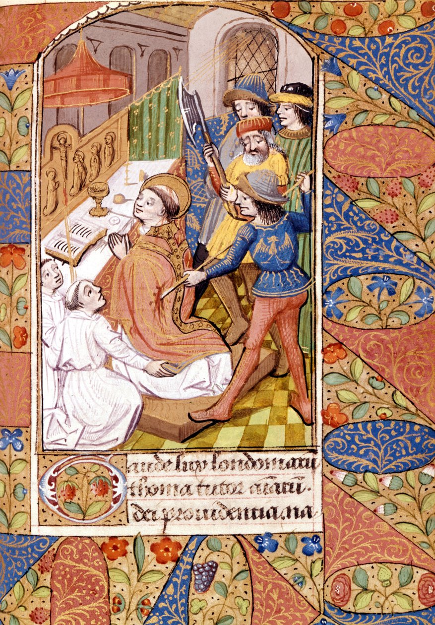 Szent Tamás Becket (1118-1170) angol elöljáró és politikus meggyilkolása. Miniatűr a 14. századból. Victoria & Albert Könyvtár, London. alkotó: Unknown artist
