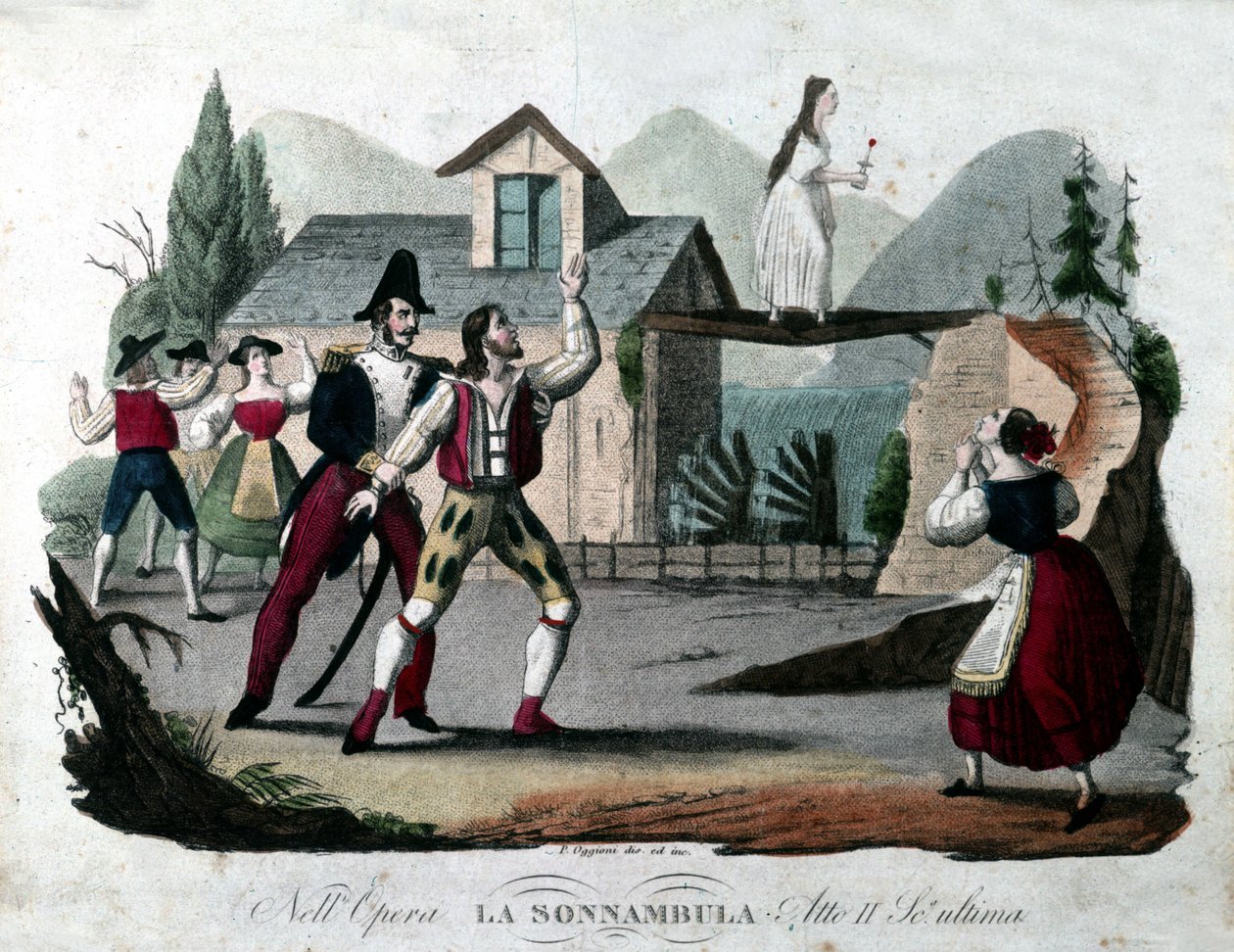 Vincenzo Bellini „La somnambule (La sonnanbula”) II. felvonásának utolsó jelenete. Metszet 1835-ből. alkotó: Unknown artist