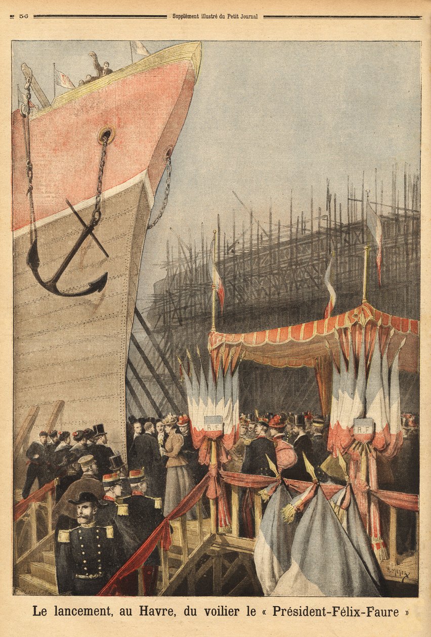 A „President Felix Faure” vitorlás felbocsátása február 3-án Le Havre-ban, Lucie Faure, az államfő lánya és Louis Brindeau, Le Havre polgármestere által támogatott; ez az első a Le Havre-ban 1896-ból épült 4 szőnyeges vitorlás sorozatból. alkotó: Unknown artist