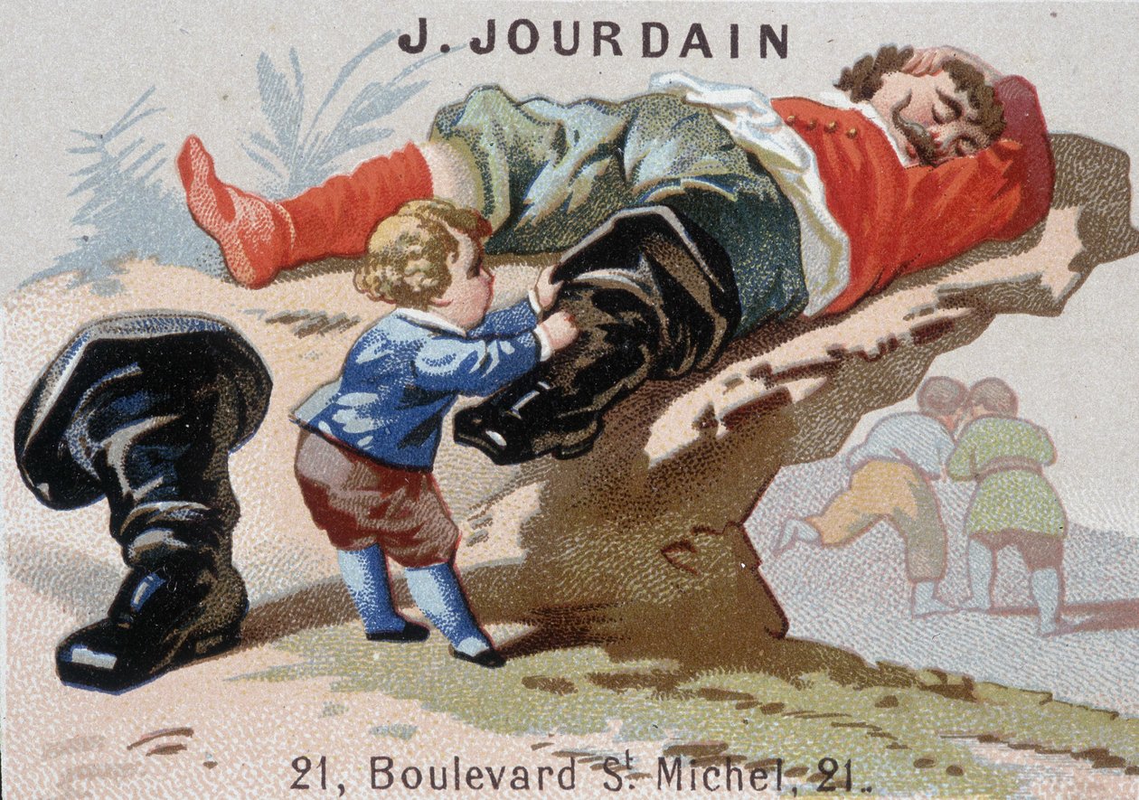 A Le Petite Poucet leveszi az asoupi ogre nevű hétbajnoki csizmáját – a Jourdain reklámcímke alkotó: Unknown artist