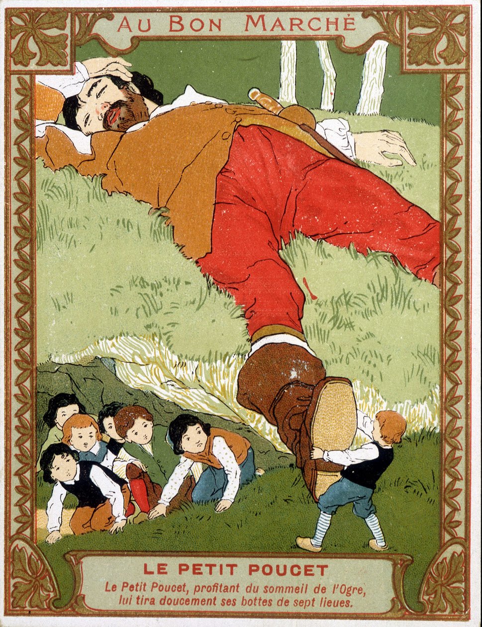 Le Petite Poucet leveszi hét bajnoki csizmáját az assoupi ogre - Bon Marché reklámcímke, 19. század vége alkotó: Unknown artist