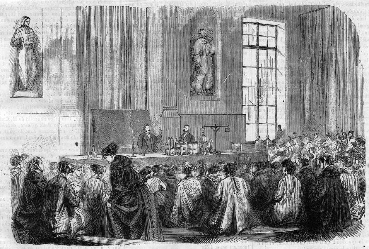 Középfokú oktatás fiatal lányok számára a Sorbonne-ban: kémialecke – metszet a „Le Journal Illustre”-ben alkotó: Unknown artist