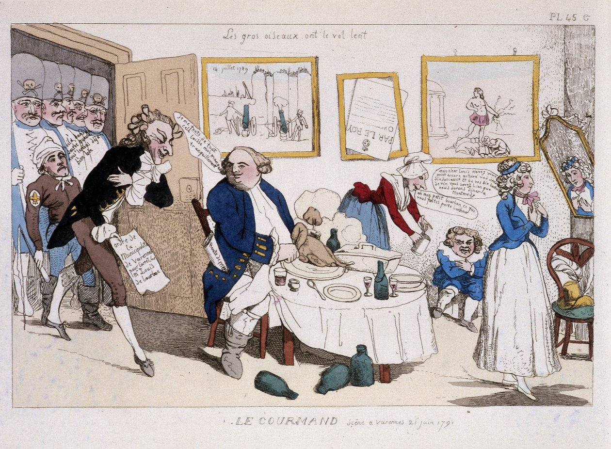 Le gourmand (XVI. Lajos és Marie Antoinette étkezése a varennes-i repülés során) - a „Musée de la caricature”-ben” alkotó: Unknown artist
