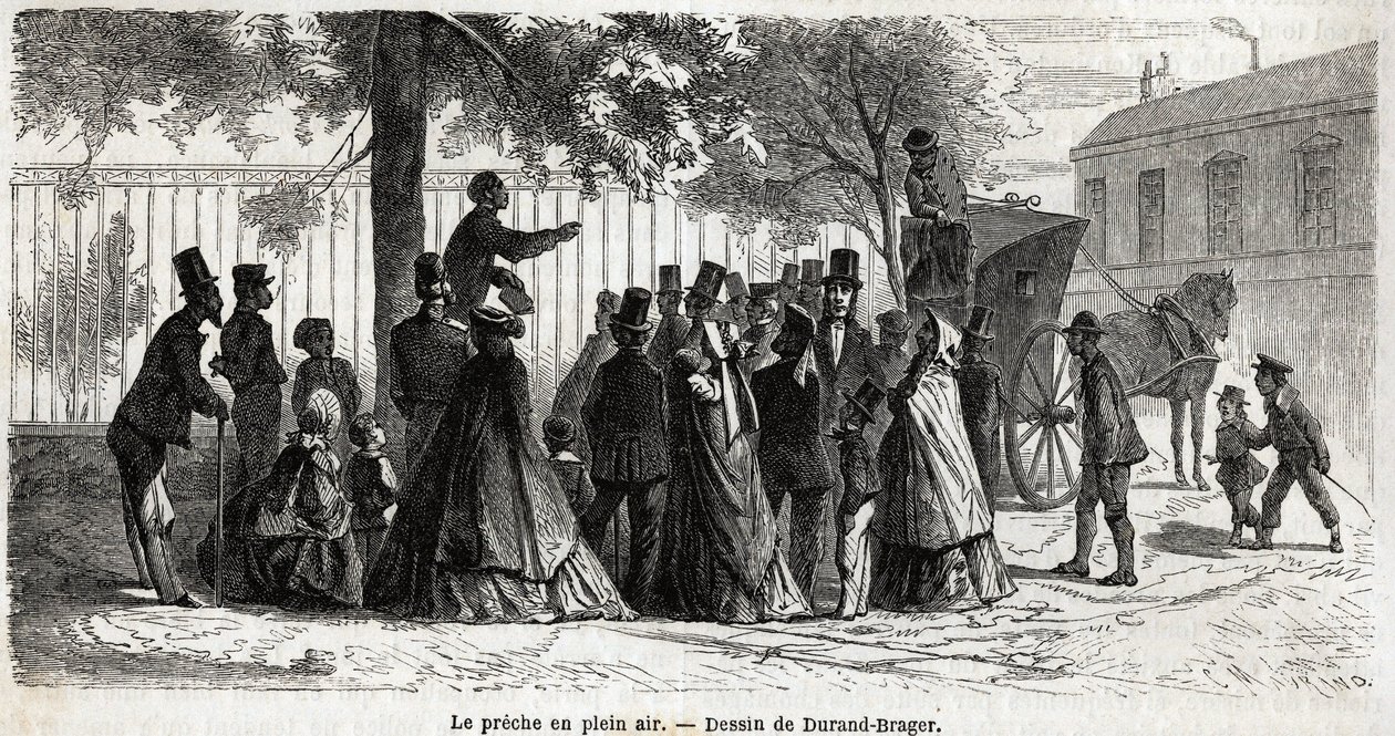 Le preche en plein air, London, Durand Brager rajza, L. Simonin 1862-es kirándulása London szegény negyedeibe illusztrálására. Gravírozás a „Le tour du monde”-ban, szerkesztette Edouard Charton alkotó: Unknown artist
