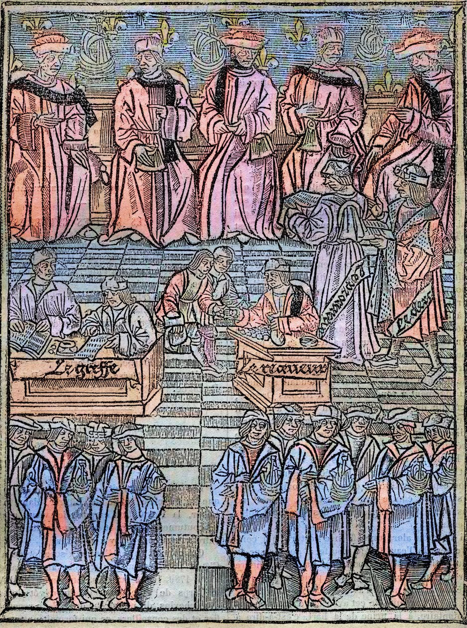 Le prevot des marchands et les echevins de Paris au 16eme századi metszet az 1528-as eredeti után – A kereskedők prépostja és a párizsi alpolgármesterek, az adóbeszedés színhelye, címlap a „Királyi rendeletek a Prevote des Merchants joghatóságáról” c. alkotó: Unknown artist
