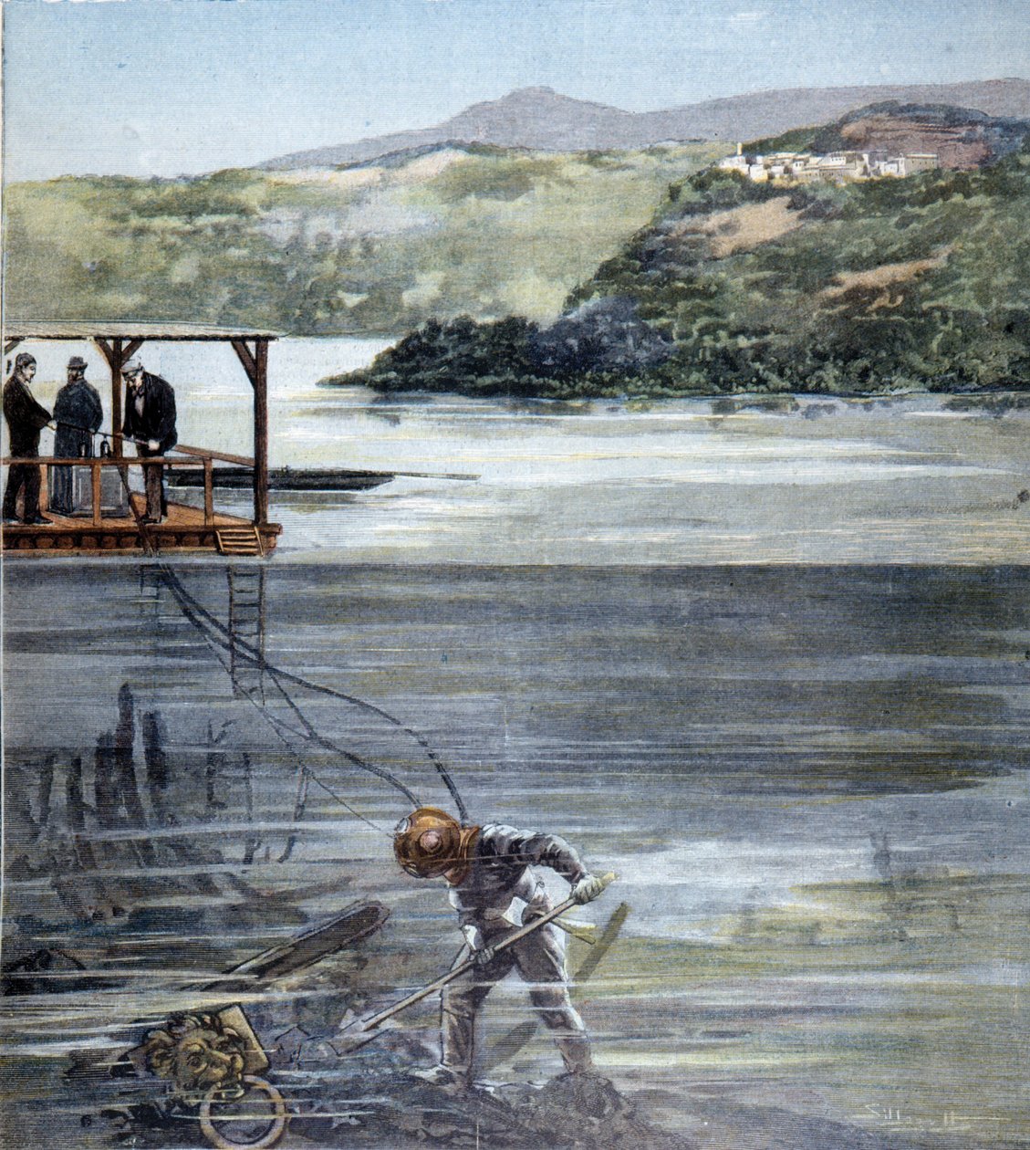 Paolo Pardi búvár római hajókon dolgozott a Nemi-tóban a Siebe búvárral 1893-ban. alkotó: Unknown artist