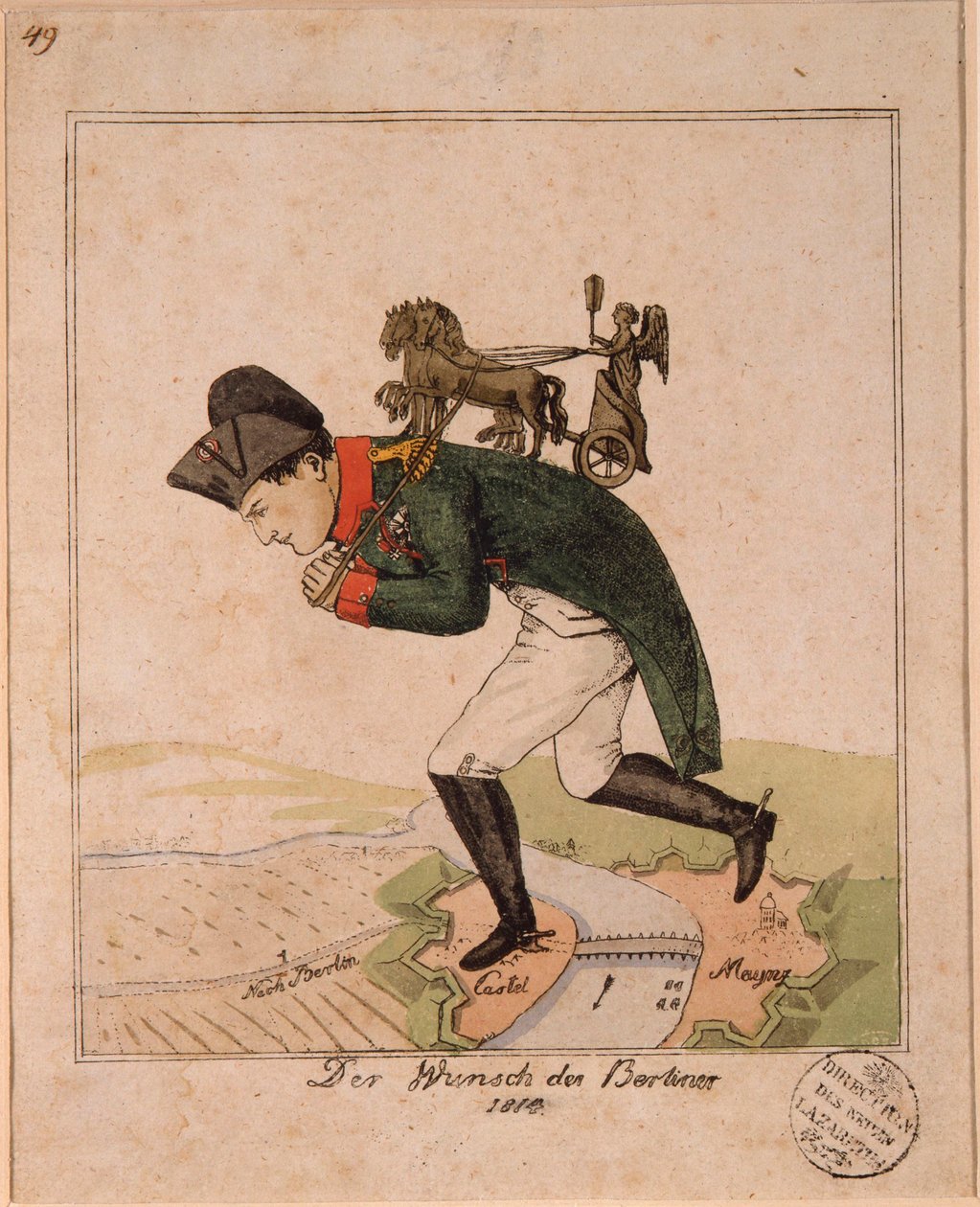""A berliniek kívánsága"" (A berliniek kívánsága) I. Napóleon császárt (1769-1821) ábrázoló karikatúra, aki a hátán hordja a Brandenburgi kapu quadrigáját, hogy átkeljen Mainzon az erőd ostrománál Névtelen karikatúra alkotó: Unknown artist