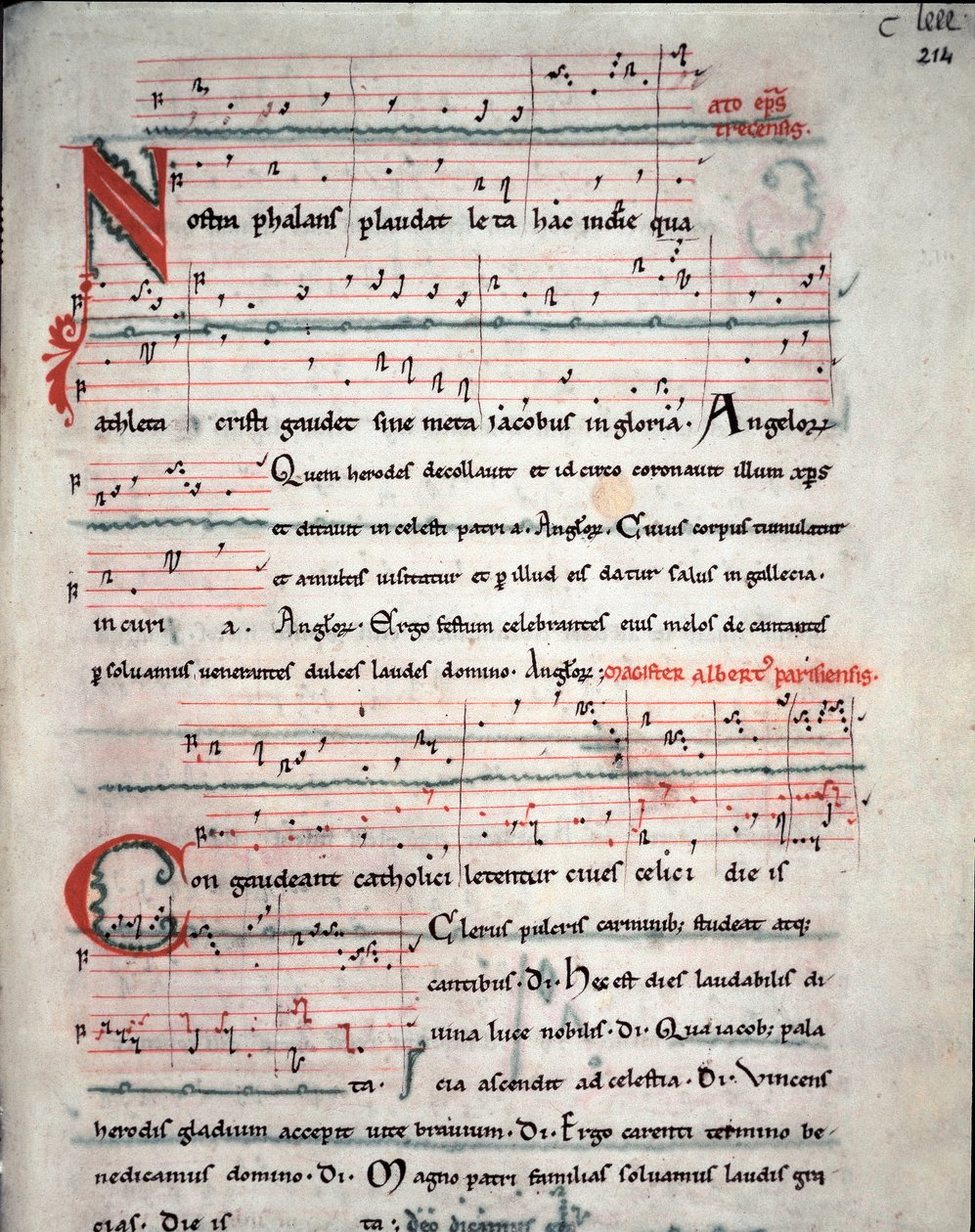 Zarándokkalauz szórólapja Santiago de Compostela zarándoklatának szövegével (Santiago de Compostella) Fol. 214 r. 13. századi kéziratból. Santiago de Compostela székesegyházának archívuma (Santiago de Compostela), Spanyolország alkotó: Unknown artist