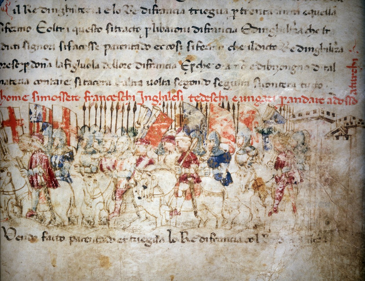 A franciák, angolok, németek és magyarok szövetsége a törökök ellen 1391-ben - „Croniche del Sercambi”-ban, 1400 körül. Országos Levéltár, Lucca. alkotó: Unknown artist