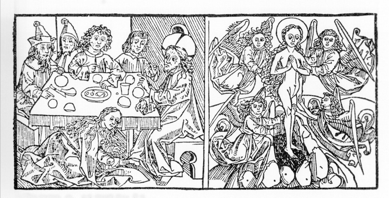 Balra: Szent Mária Magdolna hajával szárítja Jézus lábát. Jobb oldalon: Szent Mária Magdolna felmegy a mennybe. Nürnbergben nyomtatott kézirat 1488-ból. Vorai Jacobus (Jakab) metszete a „Leben der Heiligen - sommerteil” (A szent könyvéből) alkotó: Unknown artist