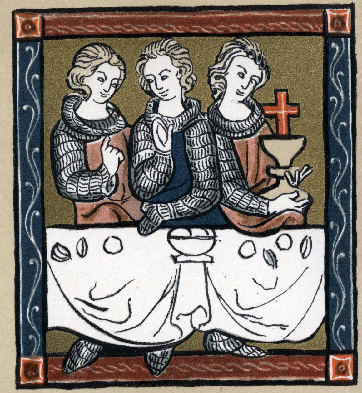 Arthurian legenda: Galahad (Gaalad vagy Galaad), Perceval és Bohort (Bors vagy Borrt) a Szent Grállal. Hermann Suchier „A francia irodalom történetében”. alkotó: Unknown artist