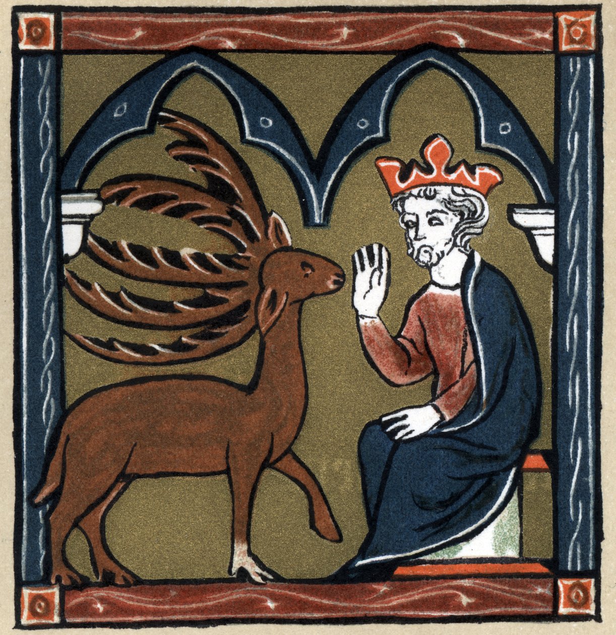 Arthurian legenda: A Merlin-metamorfózis ötfás szarvasban meglátogatja Jules Cesart. Hermann Suchier „A francia irodalom történetében”. alkotó: Unknown artist