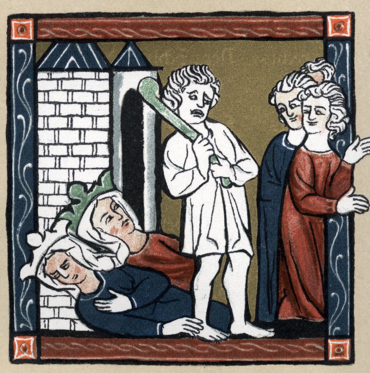 Legenda Arthurienne: Lancelot du lac delivre Guenievre királynő és a kastély barátja, akik elájultak, és a lakók elmenekülnek. Hermann Suchier "A francia irodalom története" című könyvében alkotó: Unknown artist