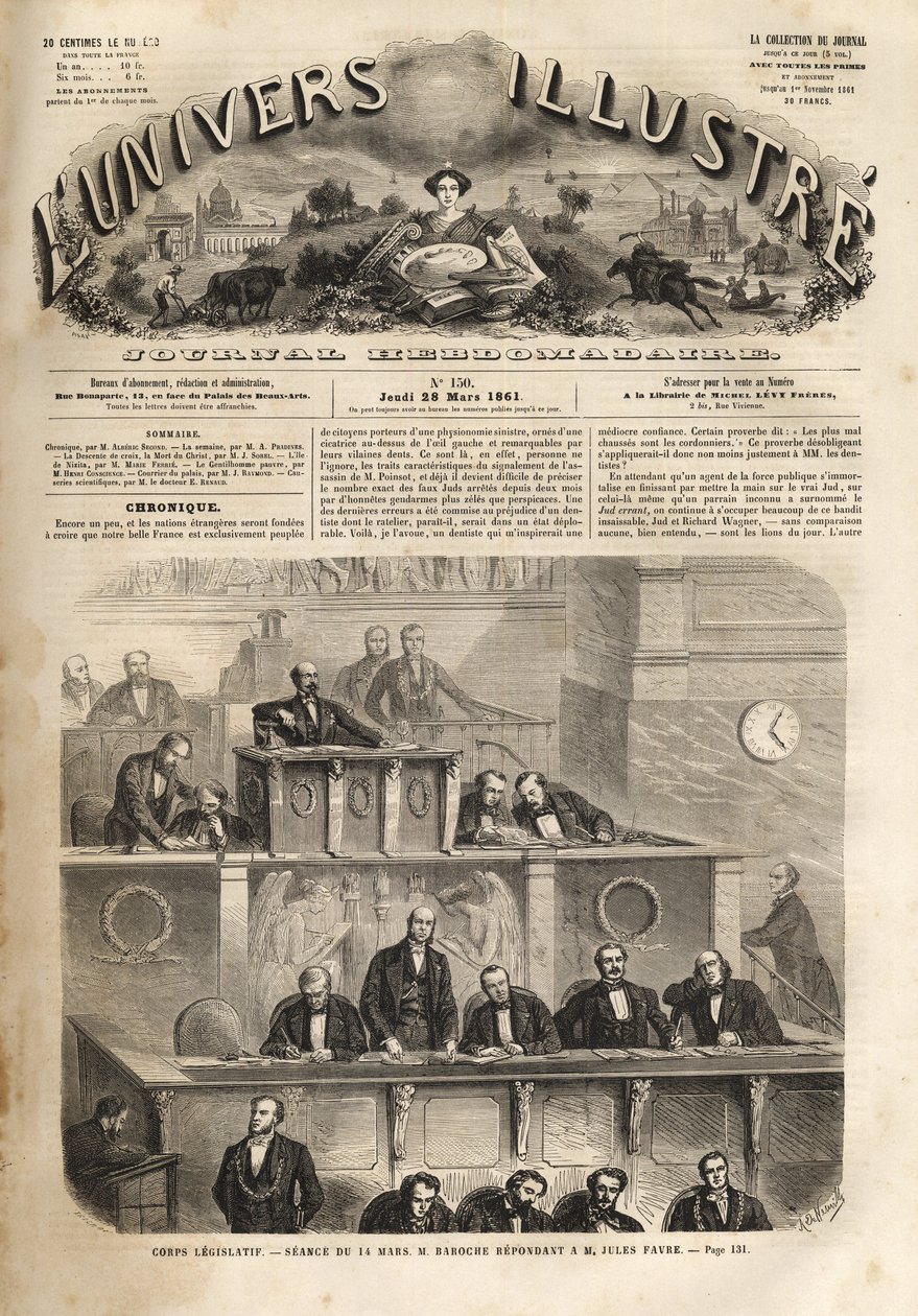Törvényhozó testület – 1861. március 14-i ülés – Pierre Jules Baroche (1802-1870) válaszul Jules Favre-nek (1809-1880) – az 1861. évi illusztratív univerzumnak alkotó: Unknown artist