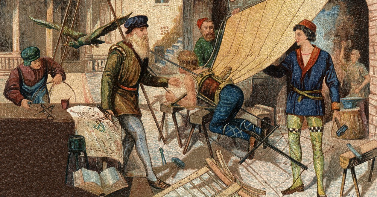 Leonardo da Vinci (Leonard de Vinci 1452-1519) repülő gépével kísérletezik. századi kromolitográfiája. alkotó: Unknown artist
