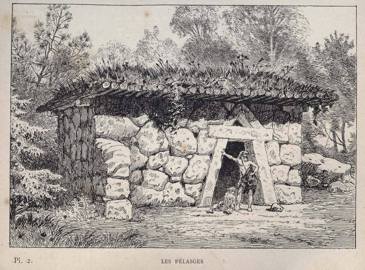 A Pelasge-ok (pelasgok) – 1889-es metszet az „Emberi lakhatás története az 1889-es egyetemes kiállításon, Charles GARNIER úr – Librairie centrale des beaux-arts Paris 1889” című könyvében alkotó: Unknown artist