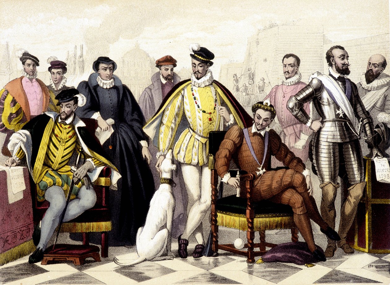 Les Valois – 1547-től 1589-ig. II. Henrik, Medici Katalin (Caterina de Medici), IX. Károly, III. Henrik, IV. Henrik. századi metszet. alkotó: Unknown artist