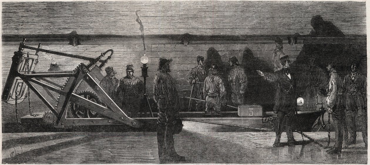 Les egouts de Paris: „öblítő csónak” a gyűjtőcsatorna tisztítására - Gravírozás a „Le Monde Illustré”-től” alkotó: Unknown artist
