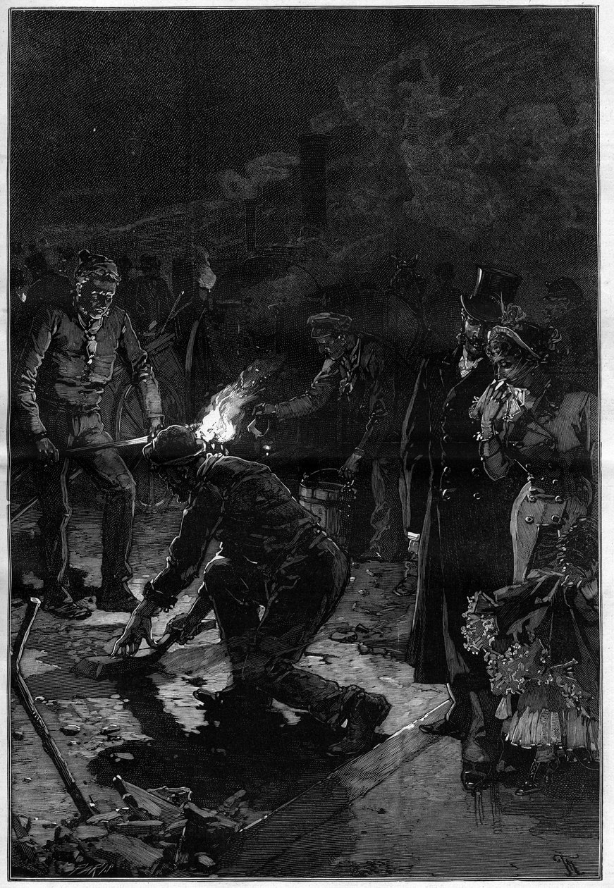 A munkások a francia színház (Theatre-Francais vagy Comedie-Francaise (Comedie Francaise)) közelében, Párizs utcáin rakják le a bitument, és éjszaka végzik az építési munkákat. Metszet a ""The Illustrious World""-ben alkotó: Unknown artist