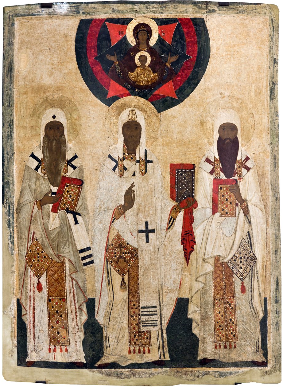 Rosztov három szent püspöke: Ézsaiás (meghalt 1090-ben), Leonce (meghalt 1077-ben), Ignác (meghalt 1288-ban) - orosz ikon: Rosztov három szent püspöke: Isaiah, Leontius és Ignatius. Tempera a panelen, 15. század vége, Állami Szabadtéri Múzeum Rostov Kreml alkotó: Unknown artist