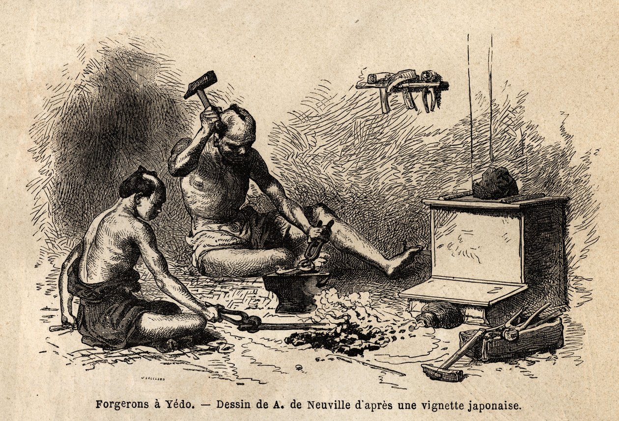 Kovácsoljunk a yedói (vagy Edo, birodalmi főváros, mai Tokió) kovácsműve előtt. Aime Humbert, a Svájci Államszövetség minisztere által készített metszet az 1863-1864-es japán utazás szemléltetésére a „” Le tour du monde, nouveau Journal des vo”-ban. alkotó: Unknown artist