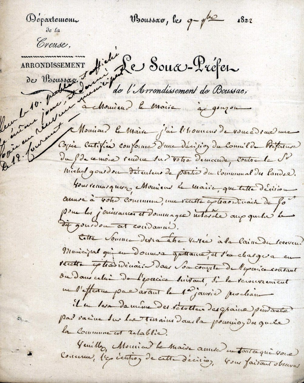 Creuse (Boussac kerület) alprefektusának levele Gouzon polgármesteréhez, 1822. szeptember 9. alkotó: Unknown artist
