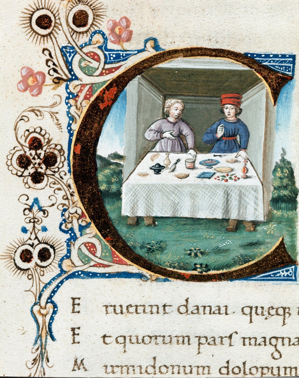 C típusú levélpapír, egy pár az asztalnál díszítve. Miniatűr a „The Bucoliques”-ból” (Eglogues) Vergiliustól (Publius Vergilius Maro) (Kr. e. 70-19) (IV E.12) - 15. századi Nápoly, Biblioteca Nazionale alkotó: Unknown artist