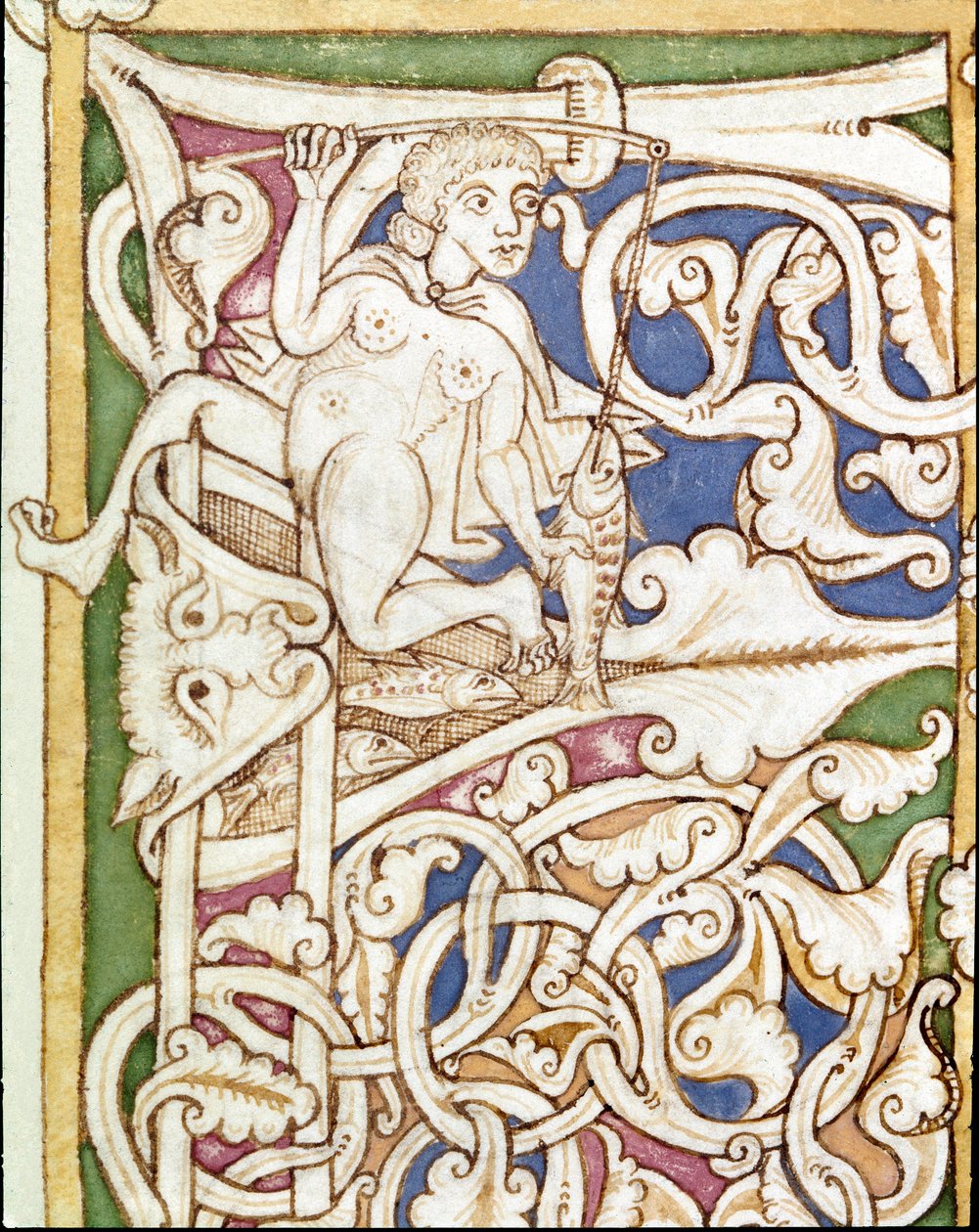 P betűs decoree egy halat horgász nő ábrázolásáról. Miniatűr Bibliából (Ószövetség) (Ms 3088) 12. századi Coimbra, Egyetemi Könyvtár alkotó: Unknown artist