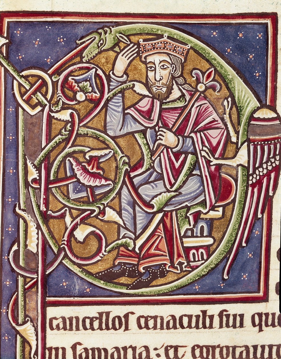 Lettrine P decoree Moab földjének királyának ábrázolásáról Miniatűr Bibliából (Ms 3088) 12. századi Coimbra, az egyetem bibliotékája alkotó: Unknown artist