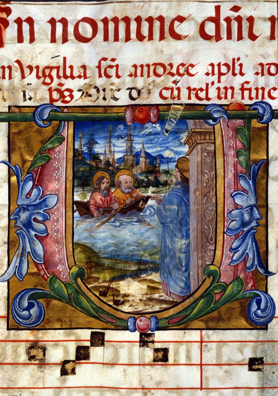 Egy 15. századi kórus betűrendje. Krisztus megjelenése feltámadása után hitetlen bocsánatkérésre a Tibériás-tavon. Biblioteca nazionale Braidense, Milánó. alkotó: Unknown artist
