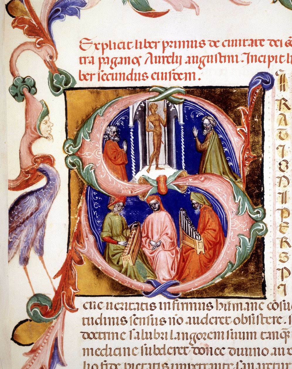 „” s” betűk miniatűrje, amely bálványukat tisztelő pogányokat ábrázol, alatta két zenész és egy énekes – Szent Ágoston „” De civitate dei” című művében, 15. század elején. Városi Bibl. Riminiből. alkotó: Unknown artist