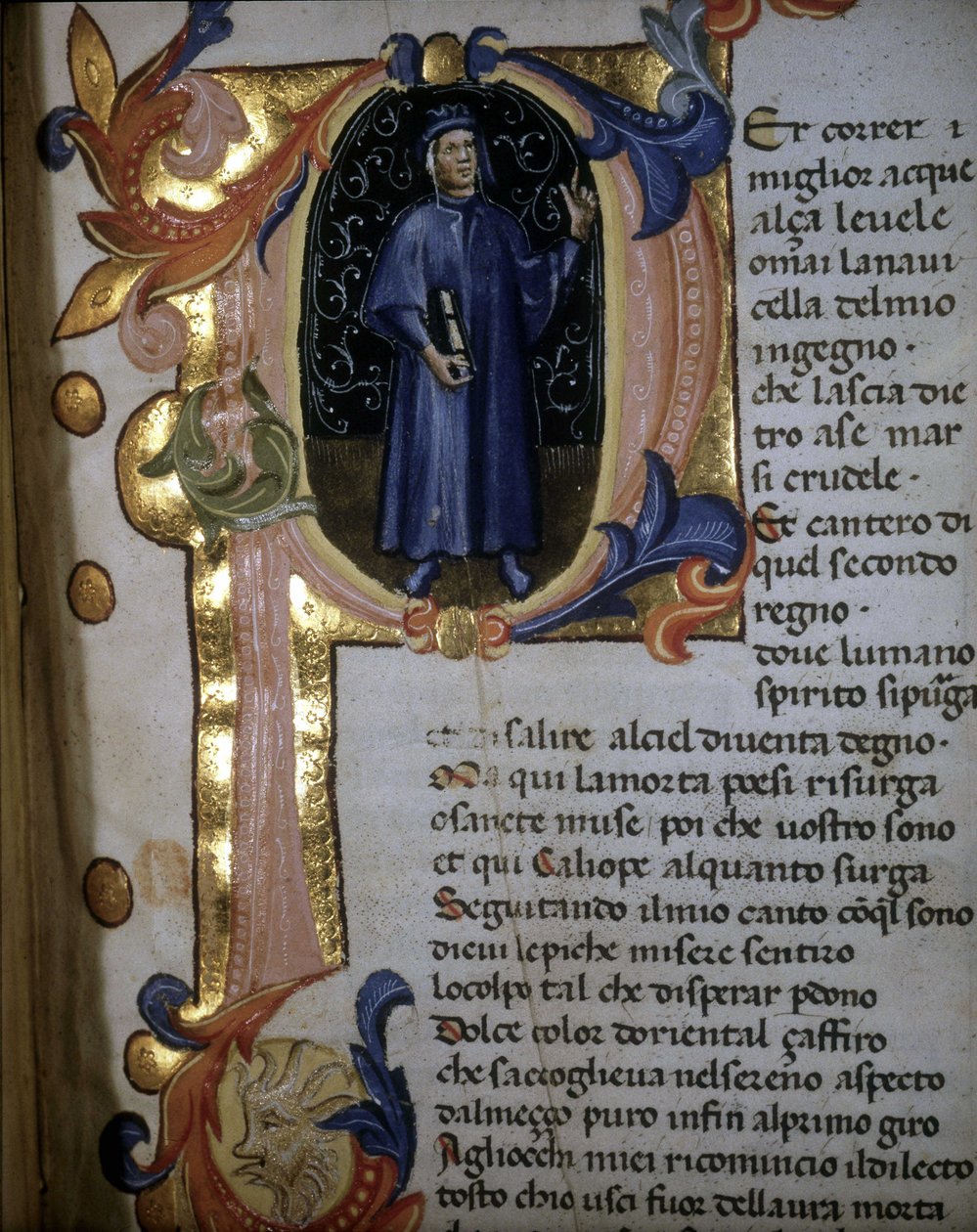 „” p” betű az „Isteni színjáték” kéziratából. A "" Purgatórium" kezdete". Dante Alighierit ábrázoló megvilágítás. 14. század. Braidense. alkotó: Unknown artist