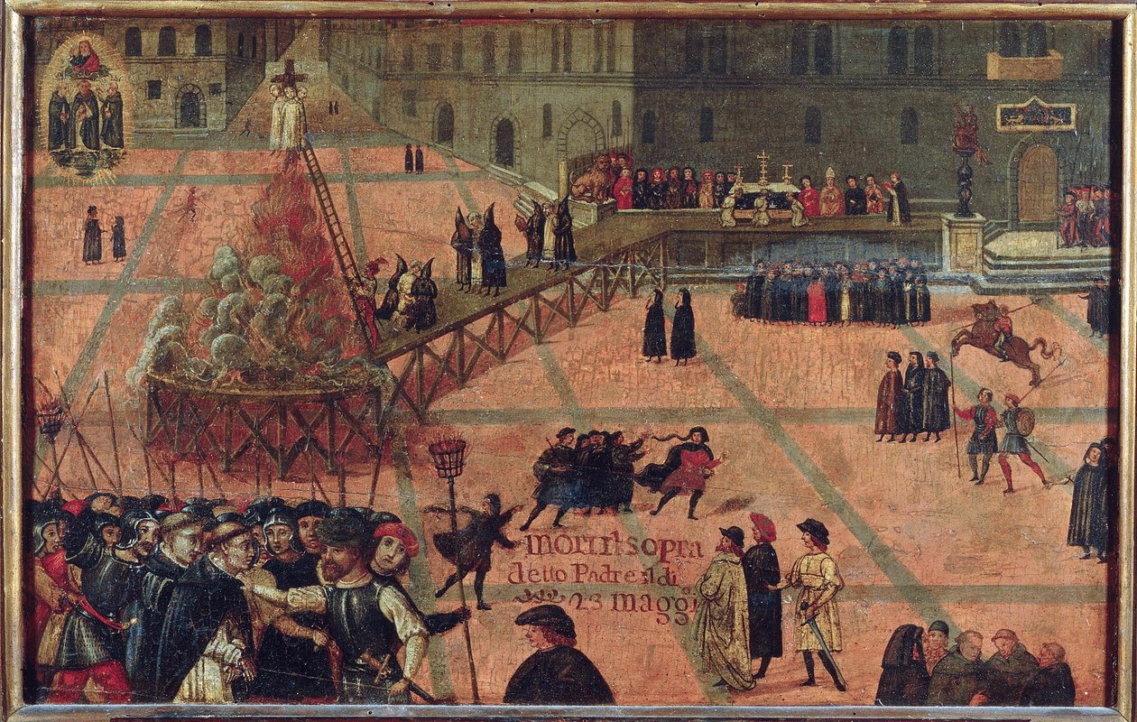 Jerome Savonarole kivégzése, Firenze 1498 - Girolamo Savonarola kivégzése a firenzei Piazza della Signoria téren 1498 - Anonymous. Olaj, fa alkotó: Unknown artist
