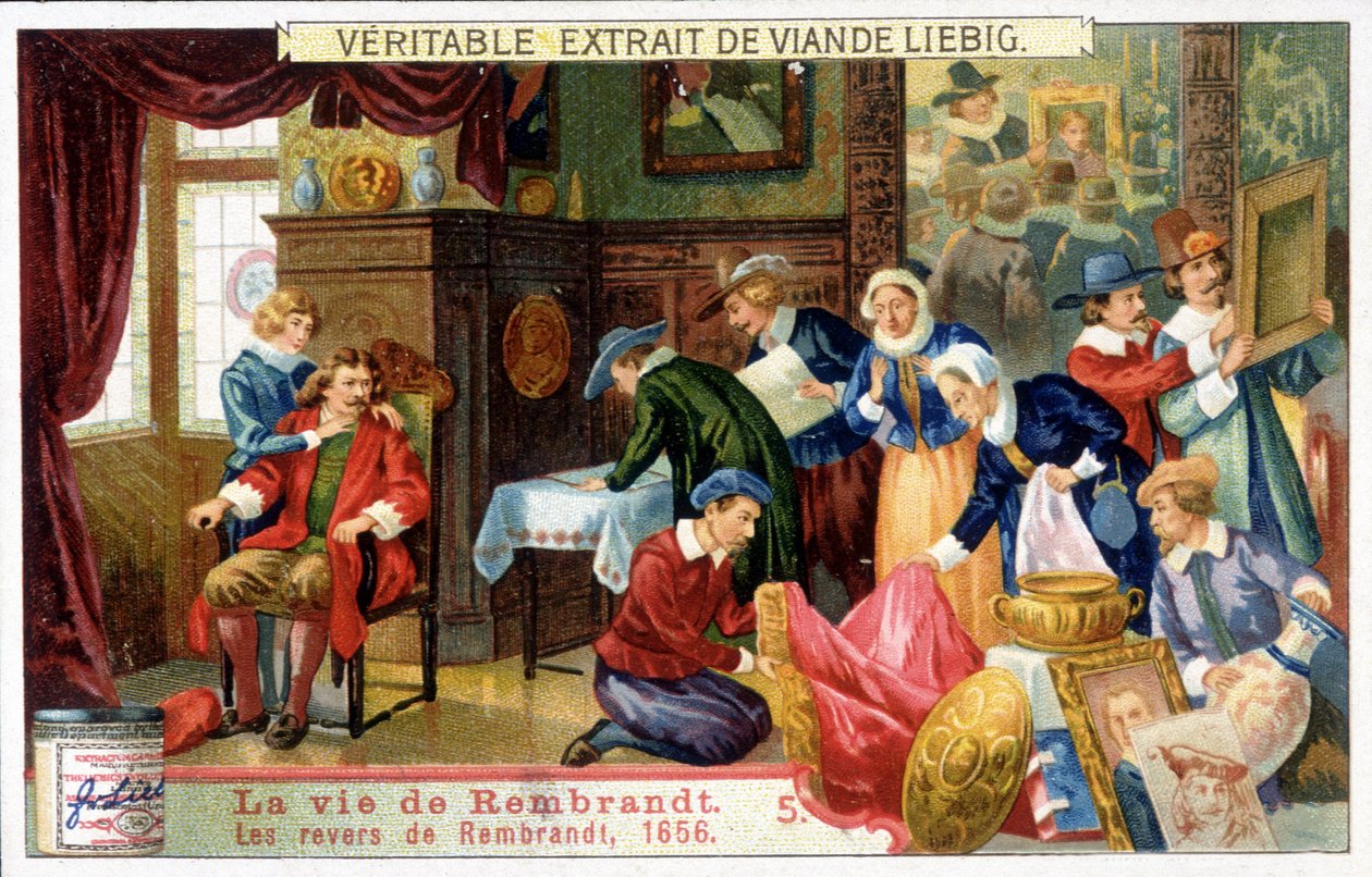 Liebig kromolitográfia Rembrandt (1606 - 1669) holland festő életéről. Ez Rembrandt kudarcai 1656-ban. alkotó: Unknown artist