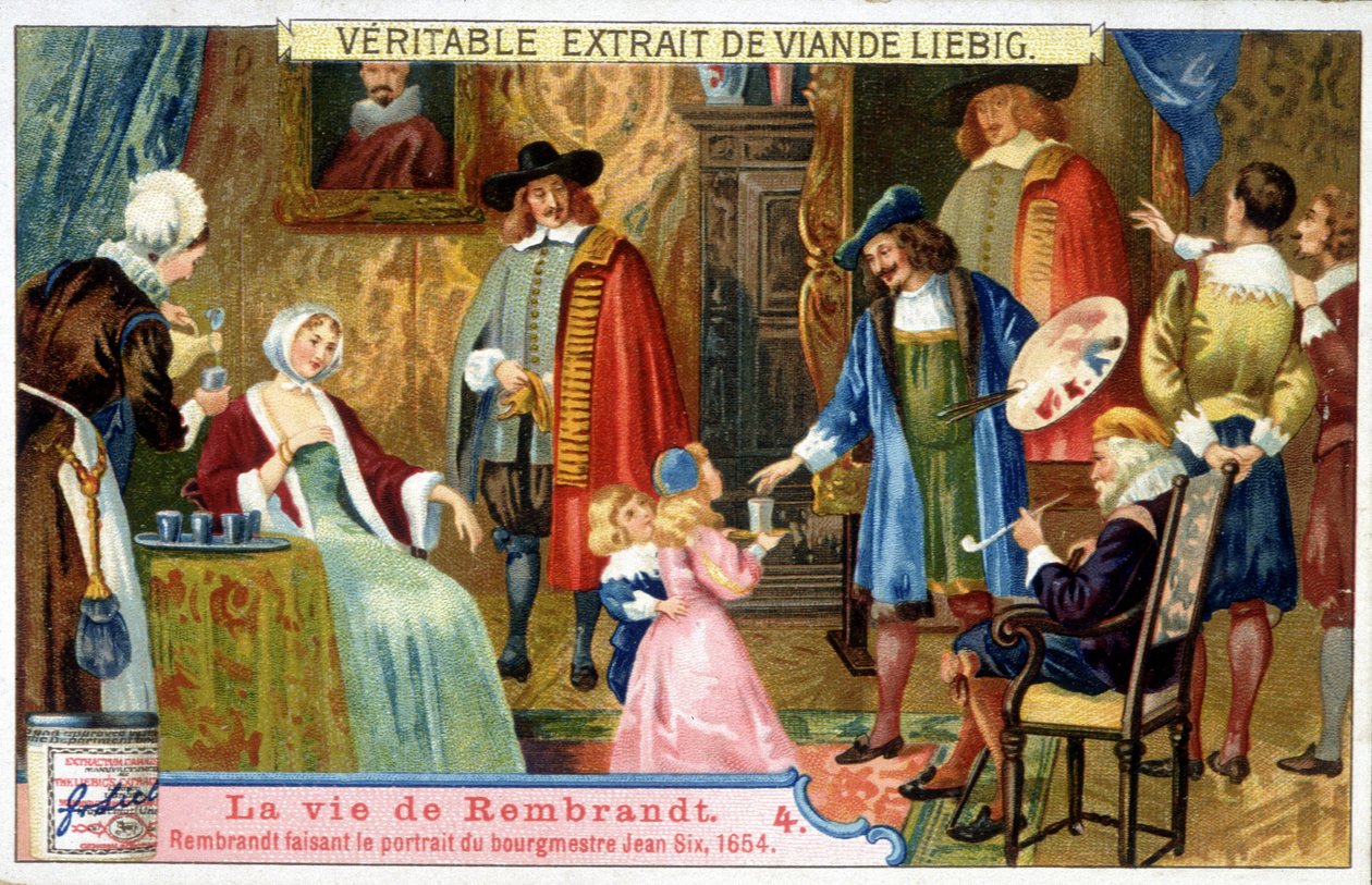 Liebig kromolitográfia Rembrandt (1606-1669) holland festő életéről, itt Jean Six polgármestert ábrázolja 1654-ben. alkotó: Unknown artist